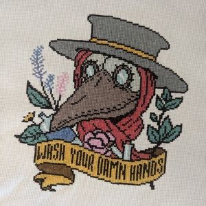 Wash your damn hands completely cross stitch death mask fiber art